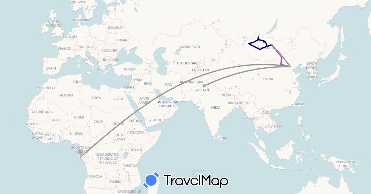 TravelMap itinerary: driving, plane, train in China, Gabon, Mongolia, Tunisia (Africa, Asia)